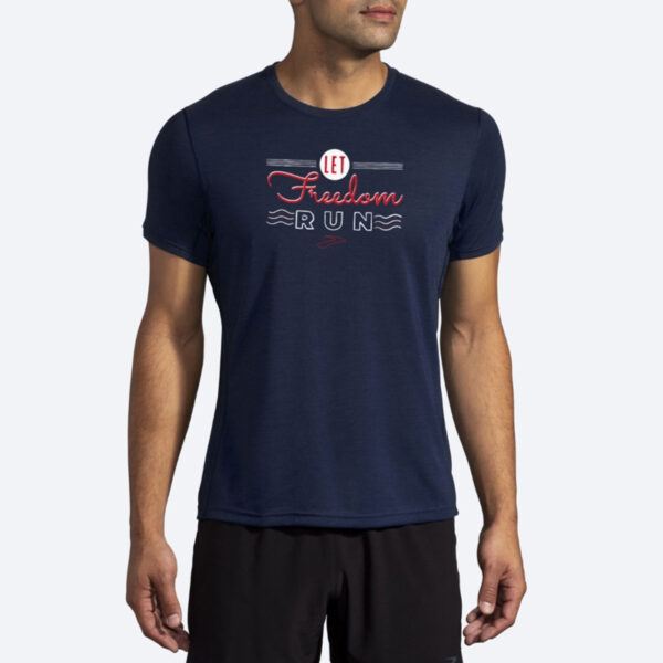 تیشرت ورزشی مردانه بروکس Brooks short sleeve سرمه ای طرح دار