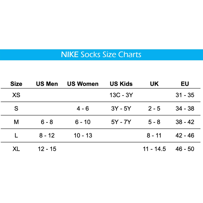 چارت سایز جوراب نایک